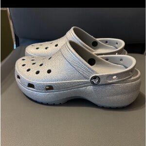 New silver platform crocs